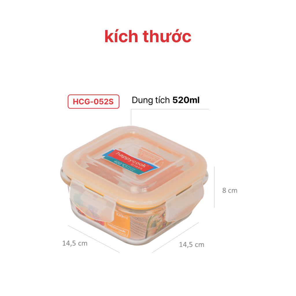 Bộ 2 hộp thủy tinh Vuông 520ml + kèm túi giữ nhiệt HAPPYCOOK, HCG-02SB