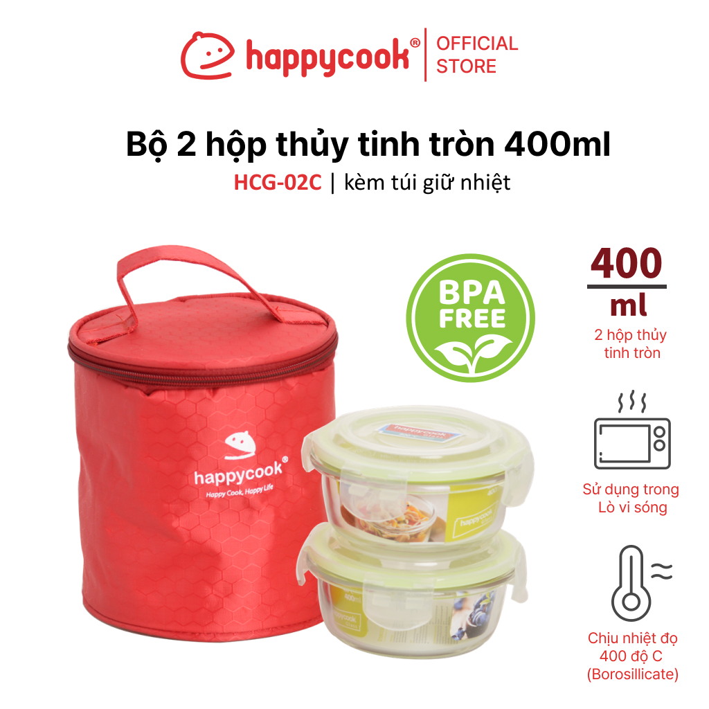 Bộ 2 hộp thủy tinh tròn 400ml + kèm túi giữ nhiệt HAPPYCOOK, HCG-02C