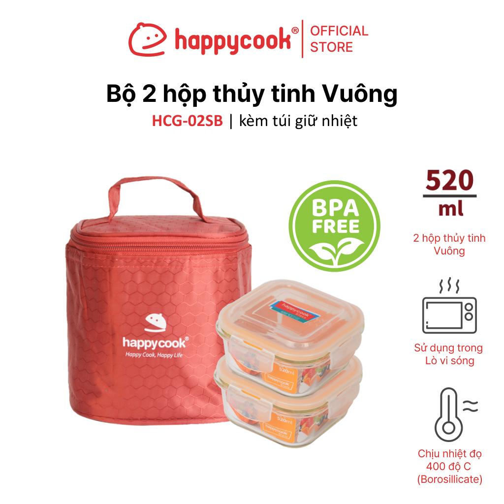 Bộ 2 hộp thủy tinh Vuông 520ml + kèm túi giữ nhiệt HAPPYCOOK, HCG-02SB