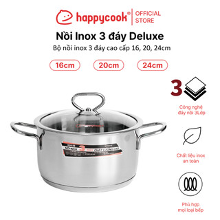 Nồi Inox Cao Cấp 3 Đáy Nắp Kiếng Delux 16cm, 20cm, 34cm, HAPPYCOOK
