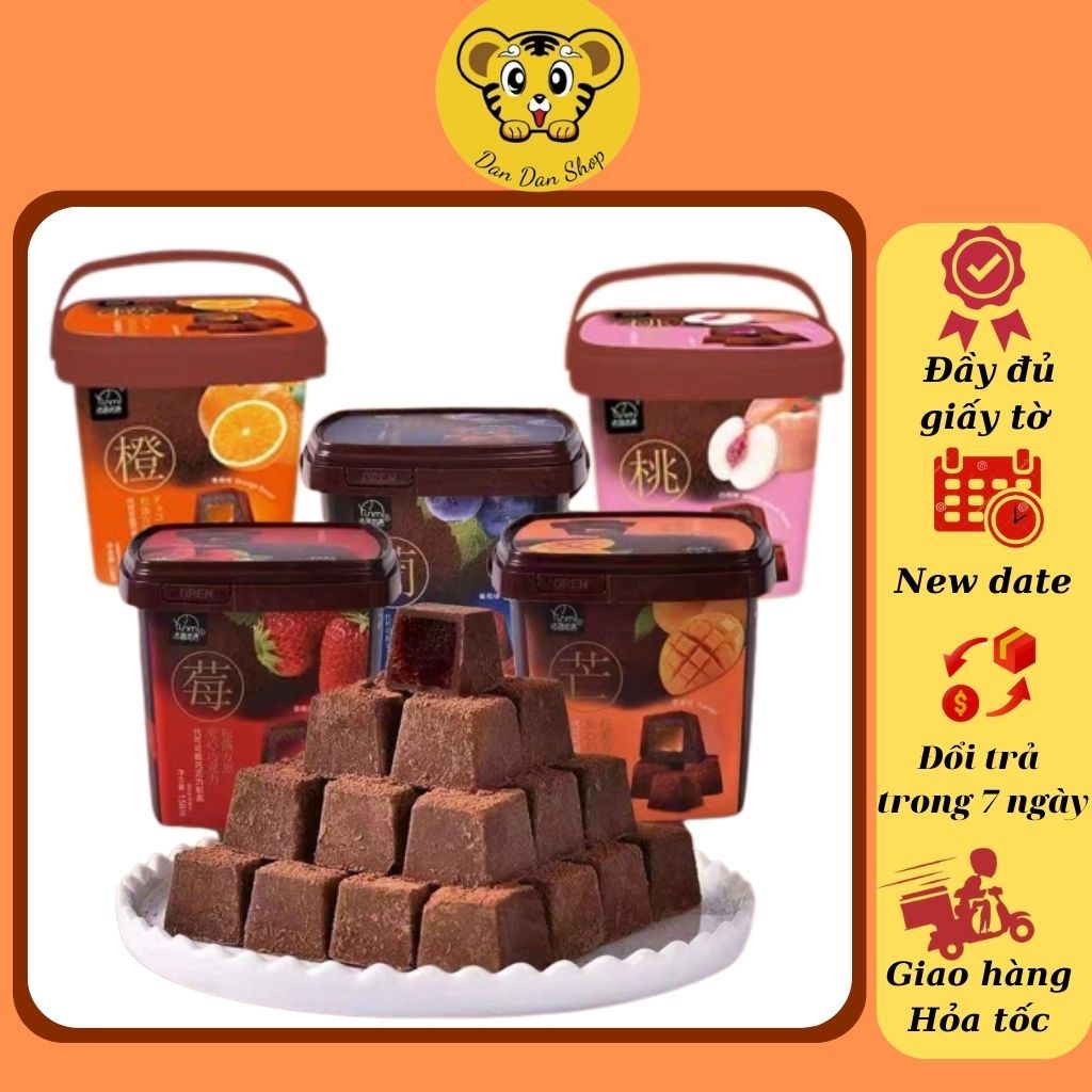Socola nama, kẹo socola nhân mứt hoa quả nho đen, xoài, dâu tây, cam và đào, dạng hộp 158 gram và dạng túi