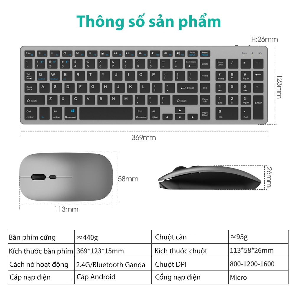 Bàn phím Goojodoq Modus Bluetooth 3 102 phím Bàn phím chuột không dây dành cho Macbook Laptop Máy tính để bàn