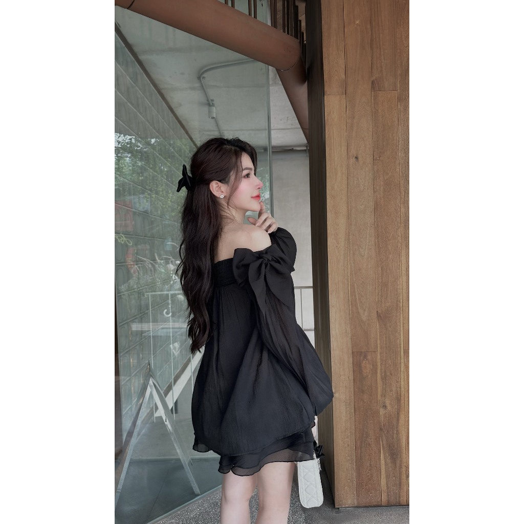 Set Áo + Chân Váy Trễ Vai Đầm Đẹp Tay Dài Phối Nơ_LERIN B77