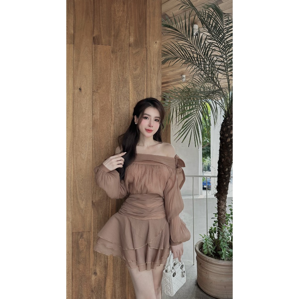 Set Áo + Chân Váy Trễ Vai Đầm Đẹp Tay Dài Phối Nơ_LERIN B77