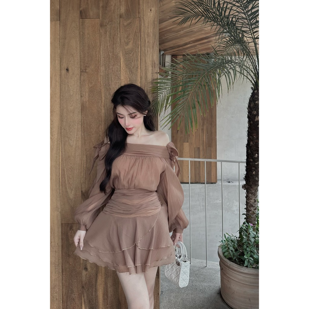 Set Áo + Chân Váy Trễ Vai Đầm Đẹp Tay Dài Phối Nơ_LERIN B77