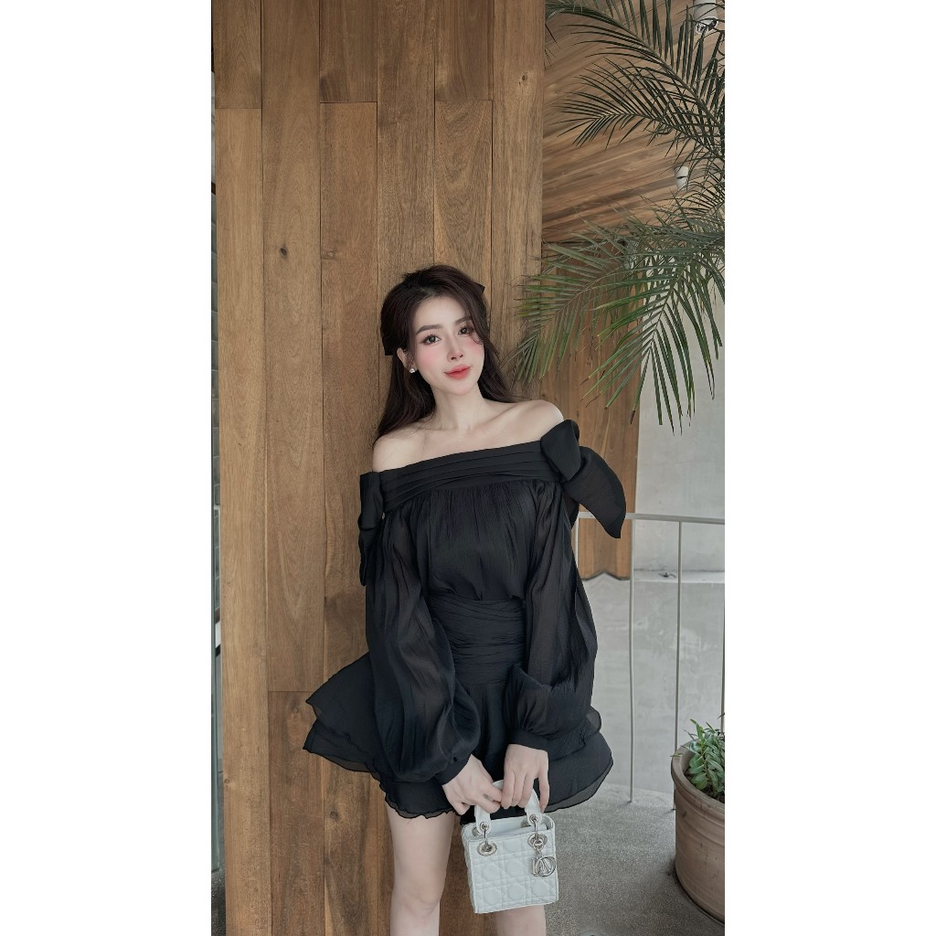 Set Áo + Chân Váy Trễ Vai Đầm Đẹp Tay Dài Phối Nơ_LERIN B77