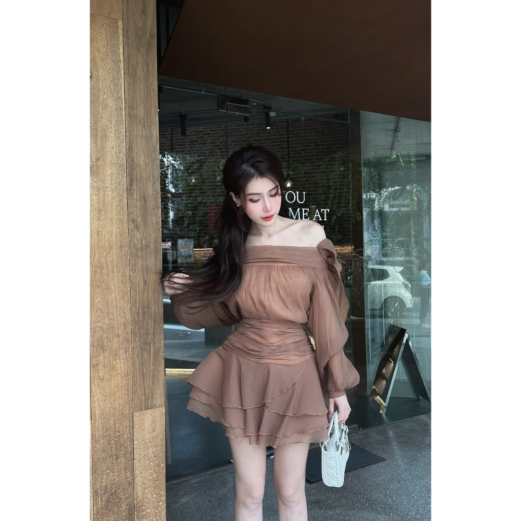 Set Áo + Chân Váy Trễ Vai Đầm Đẹp Tay Dài Phối Nơ_LERIN B77