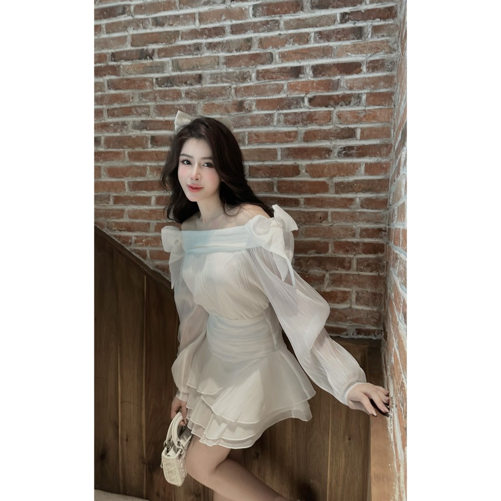 Set Áo + Chân Váy Trễ Vai Đầm Đẹp Tay Dài Phối Nơ_LERIN B77