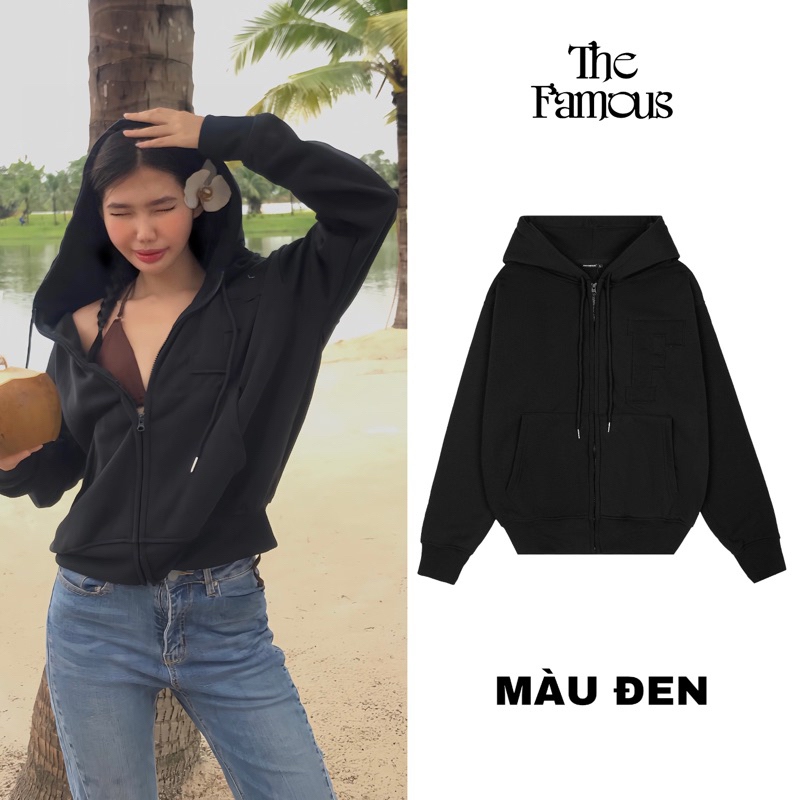 Áo hoodie zip "thêu đắp vải" unisex nỉ bông The Famous