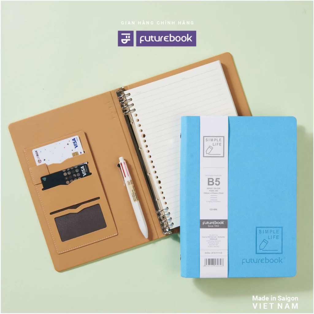 Sổ tay sổ bìa da FUTUREBOOK caro kẻ ngang A5 B5 100gsm 200 trang Sổ còng da 8 chấu Simple Life