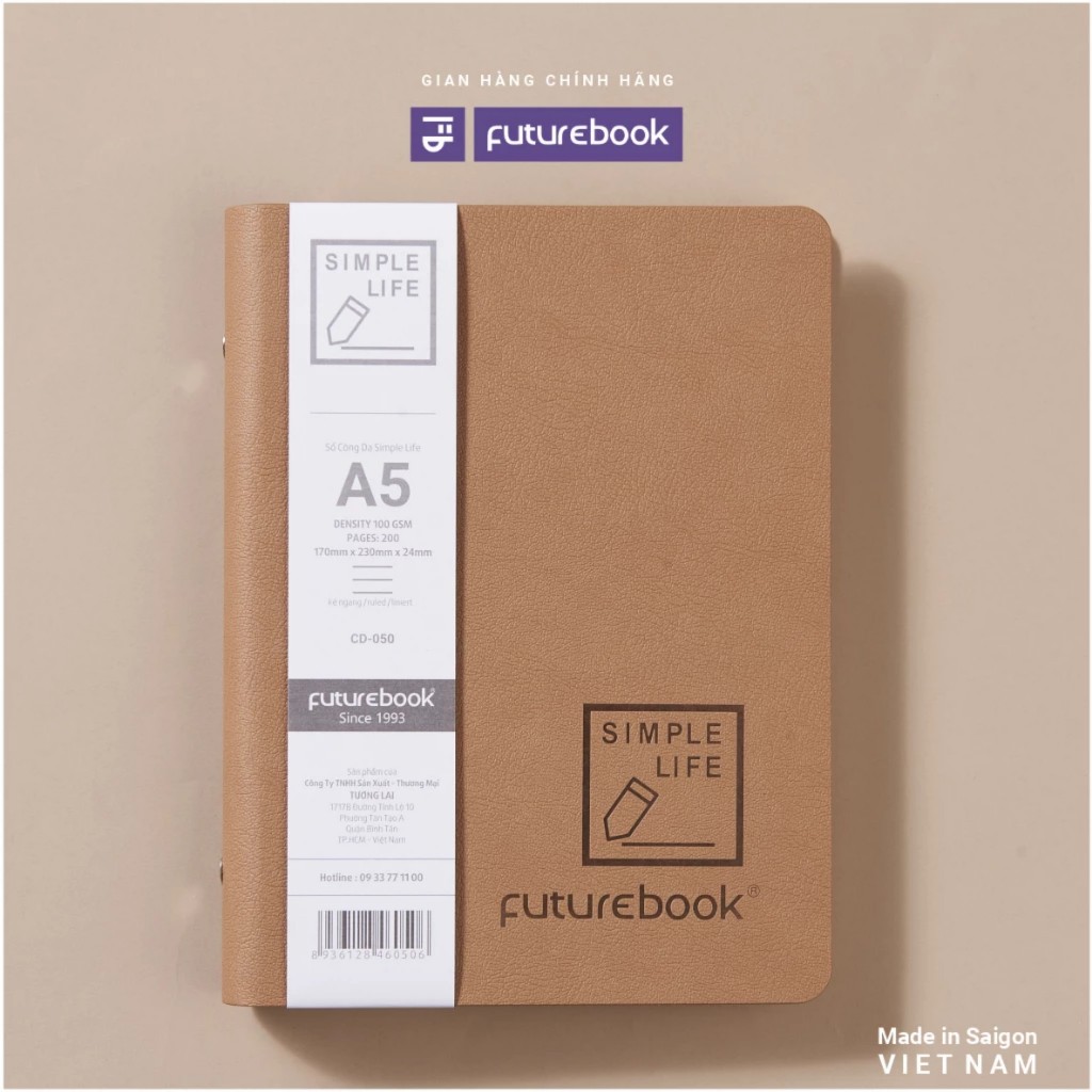 Sổ tay sổ bìa da FUTUREBOOK caro kẻ ngang A5 B5 100gsm 200 trang Sổ còng da 8 chấu Simple Life