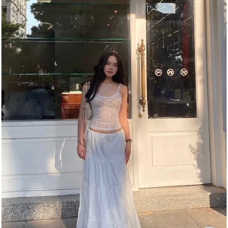 Chân váy dài tầng vải đũi Nhật dây rút