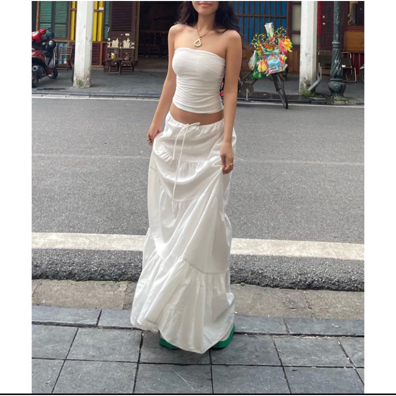 Chân váy dài tầng vải đũi Nhật dây rút