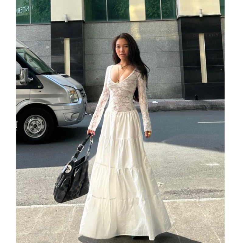 Chân váy dài tầng vải đũi Nhật dây rút