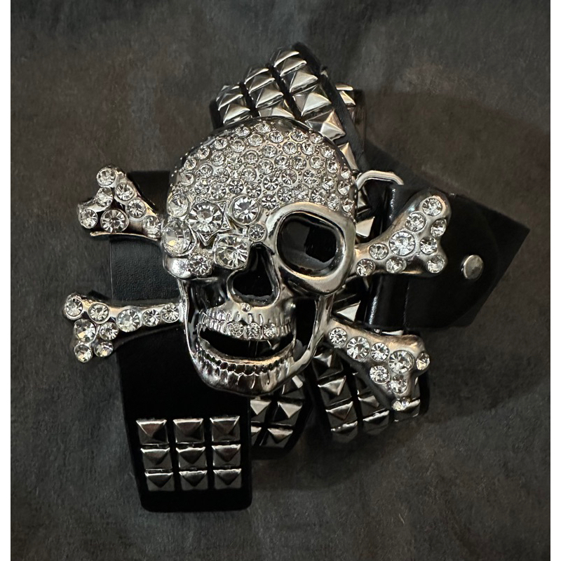 Thắt lưng đầu lâu đính hạt lấp lánh xương chéo phong cách hip hop đường phố gothic punk