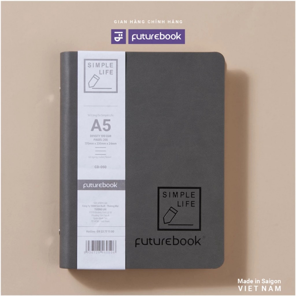 Sổ tay sổ bìa da FUTUREBOOK caro kẻ ngang A5 B5 100gsm 200 trang Sổ còng da 8 chấu Simple Life