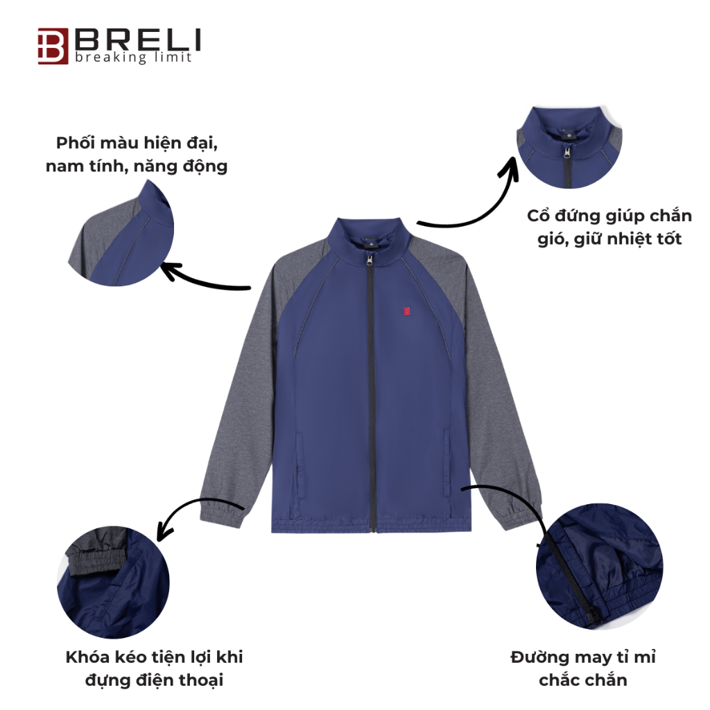 Áo khoác gió nam Thương Hiệu Breli  Áo Khoác Nam Không Cổ Chắn Gió Chắn Bụi Cao Cấp - BAG2131-DNV