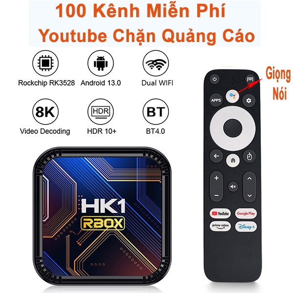 Android TV Box HK1 Giọng Nói RAM 4G + 32GB Mới 2023 Cài Sẵn 100 Kênh Miễn Phí, Youtube Chặn Quảng Cáo