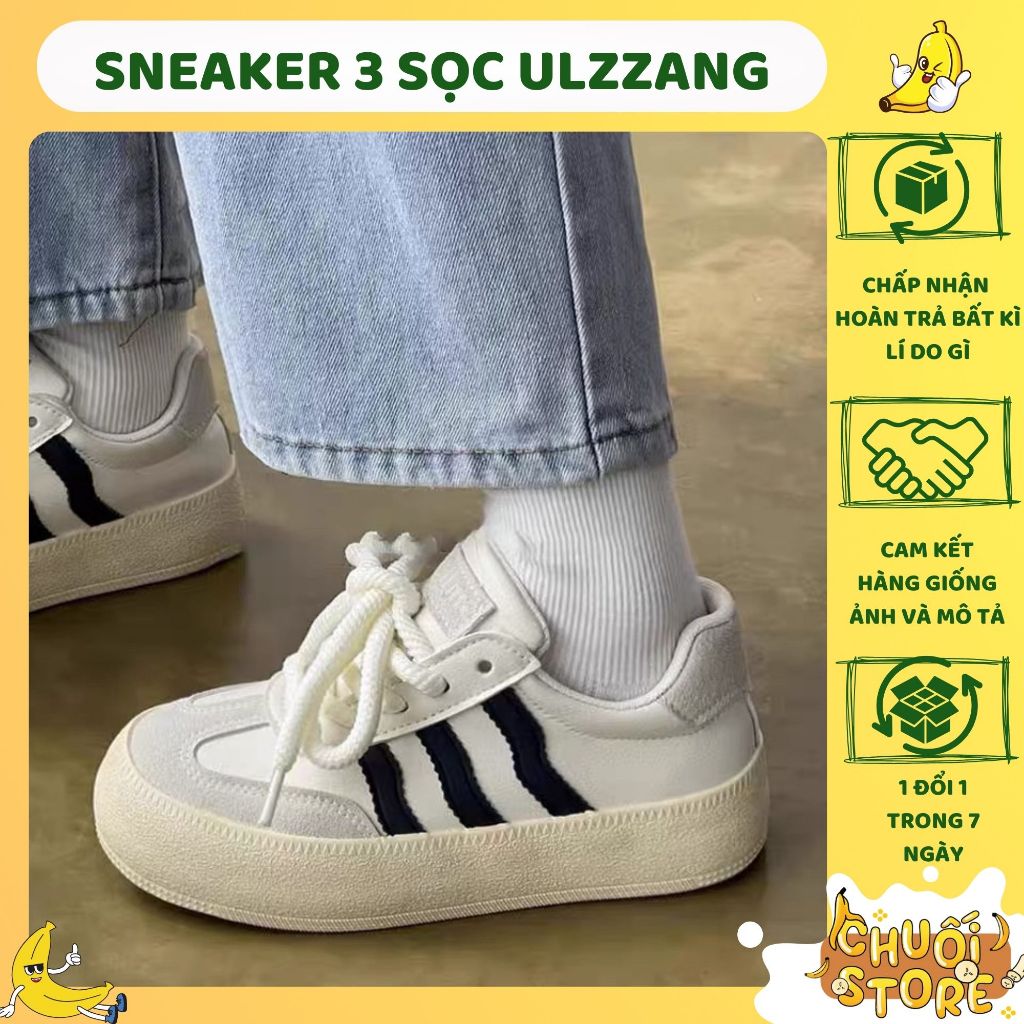Giày sneaker 3 sọc ulzzang đế cao su đúc chất liệu canvas phối với dạ phong cách Y2K hàn quốc