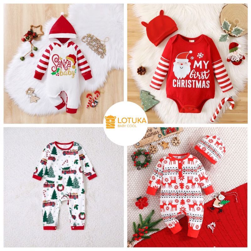 Bodysuit Họa Tiết Giáng Sinh LOTUKA Cho Bé, Body Noel Cho Bé Trai Bé Gái, Bộ Liền Thân Chất Cotton Mềm Mịn Size 3-12kg