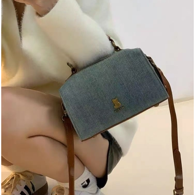 Béo Meo Ngủ Mùa Thu Đông Túi Nữ 2023 Mới Niche Denim Gối Túi Retro Boston Đeo Vai Túi