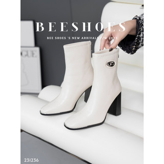 Boot nữ beeshoes mũi nhọn da lì - giày bốt nữ đế cao 9 phân sẵn màu kem đen 231236