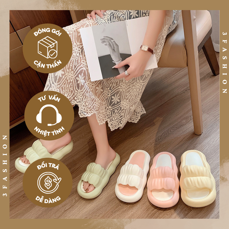 Dép nữ đế bánh mì dày 2CM quai nhún hot trend nhựa chống nước chống trơn trượt 3fashion - 3271