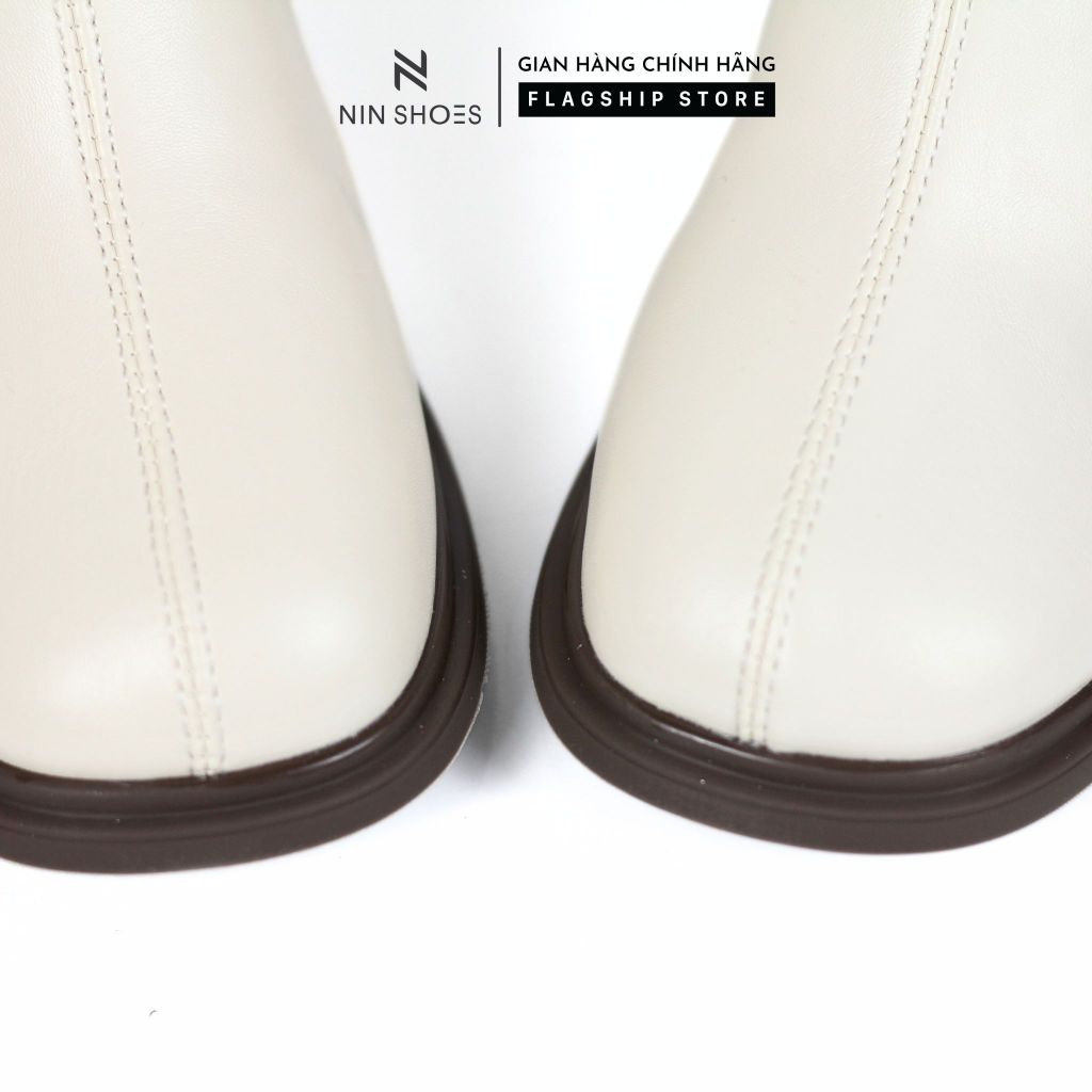 Boot nữ cổ thấp da lì Ninshoes gót vuông ôm chân Bốt nữ cao gót trẻ trung thời thượng cho nữ BOM034