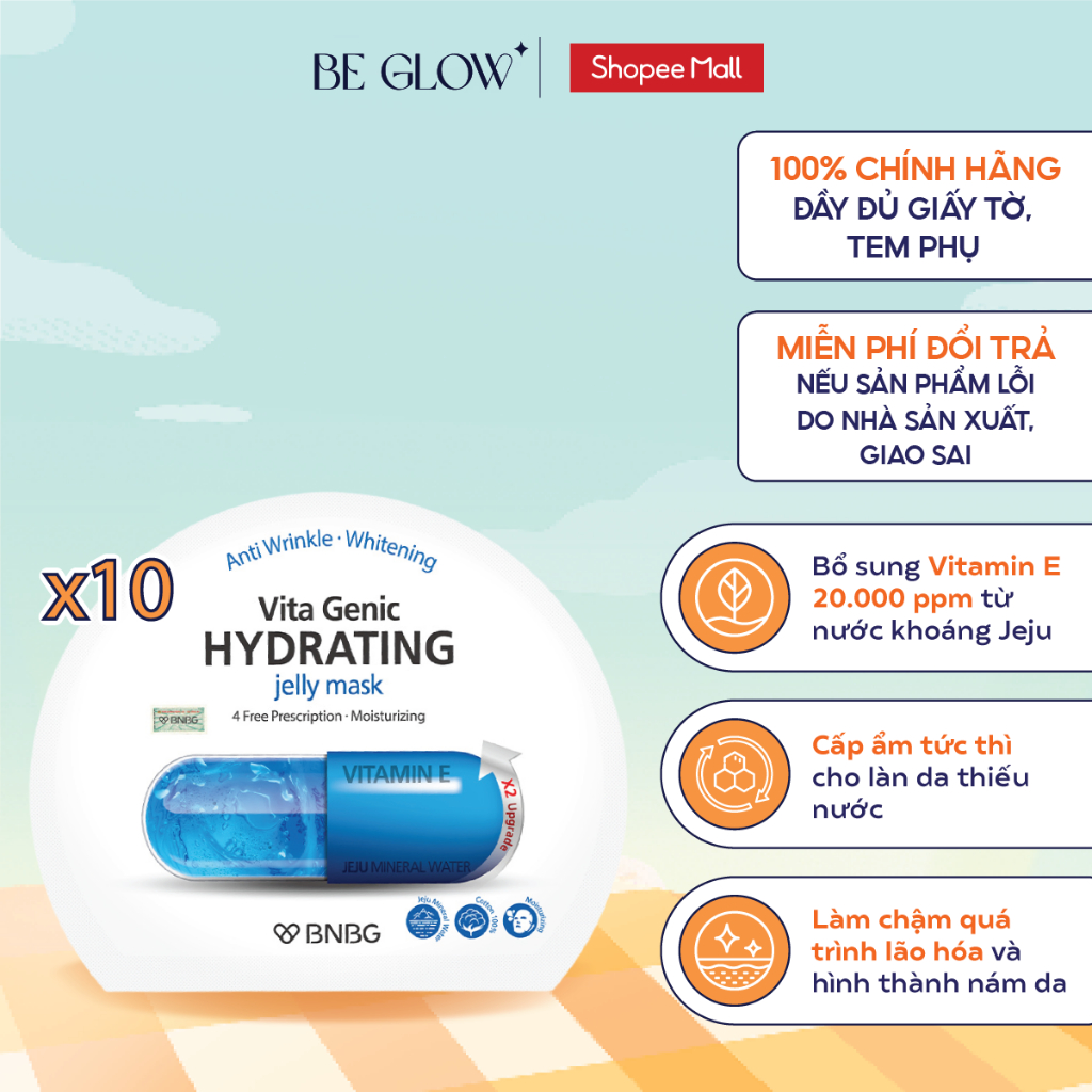 Combo 10 mặt nạ Vitamin E BNBG cấp nước dưỡng ẩm BNBG Vita Genic Hydrating Jelly Mask - Be Glow Beauty