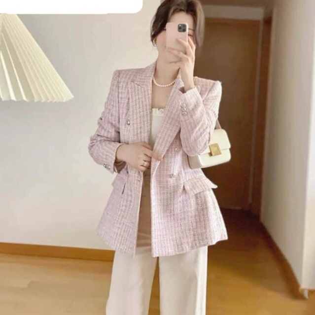 Áo blazer dạ tweed Zara kẻ xước Hồng tím paster S