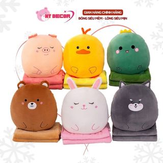 Bộ chăn gối văn phòng hình thú béo, bộ chăn gối gấu bông cute chất liệu siêu mềm mịn HT Decor