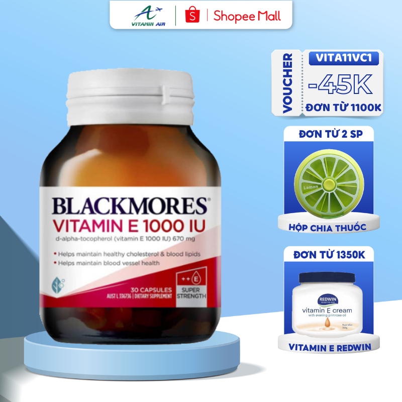 Viên uống bổ sung Vitamin E giúp dẹp da, đẹp tóc tự nhiên 1000IU Blackmores Úc 30 viên Úc