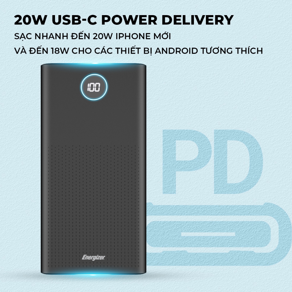 Sạc dự phòng Energizer 30000mAh UE30016PQ - tích hợp sạc nhanh 20W, 3 cổng sạc tiện lợi- Hàng chính hãng, bảo hành 2 năm