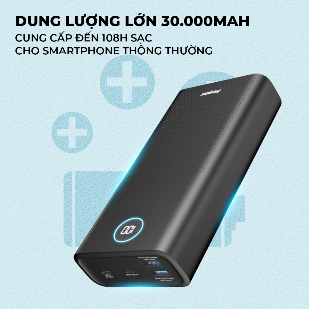 Sạc dự phòng Energizer 30000mAh UE30016PQ - tích hợp sạc nhanh 20W, 3 cổng sạc tiện lợi- Hàng chính hãng, bảo hành 2 năm