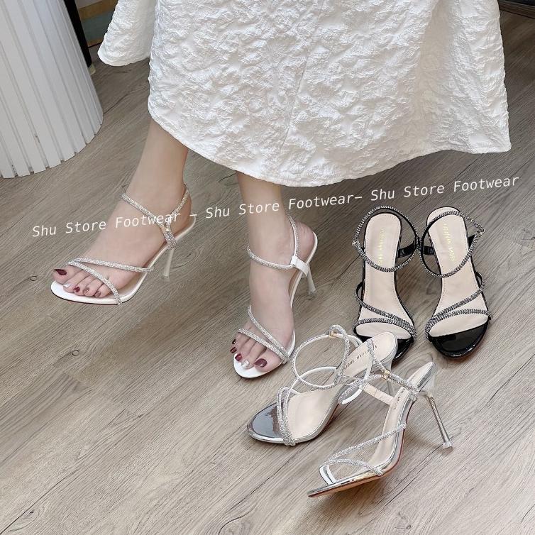 Xăng đan nữ Shu Store  mũi tròn 2 quai xéo đính hạt đi tiệc sang trọng thời trang cho nàng
