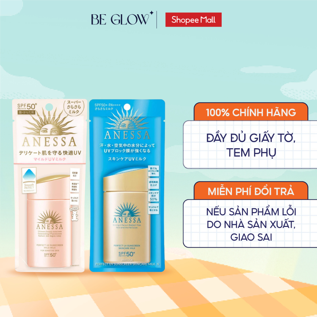 Sữa chống nắng Anessa Perfect UV Milk & Mild Milk Sunscreen Skincare cho da nhạy cảm SPF 50+ PA++++ 60ml - Be Glow