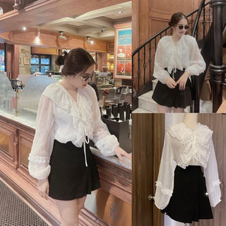 Set sơ mi trắng khoét vai dây chéo eo + short