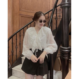 SET SƠ MI TRẮNG KHOÉT VAI DÂY CHÉO EO + SHORT