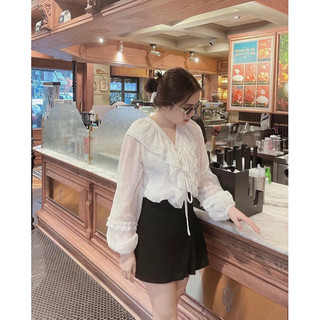 SET SƠ MI TRẮNG KHOÉT VAI DÂY CHÉO EO + SHORT
