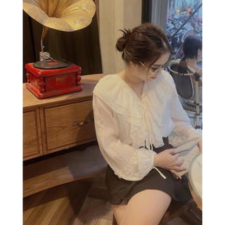 SET SƠ MI TRẮNG KHOÉT VAI DÂY CHÉO EO + SHORT