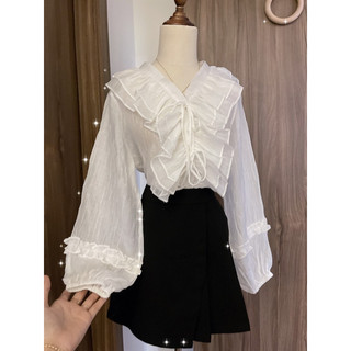 SET SƠ MI TRẮNG KHOÉT VAI DÂY CHÉO EO + SHORT