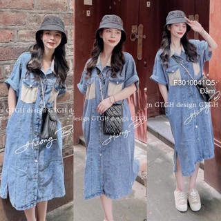Đầm sơ mi jean tay ngắn túi phối màu sang trọng VIENS STORE