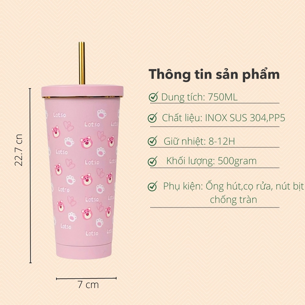 Ly Giữ Nhiệt Gấu Dâu LOTSO JYoohome 450/ 750ML Bình Nước Giữ Nhiệt Inox 304 Tặng Kèm Ống Hút Cọ Vệ Sinh