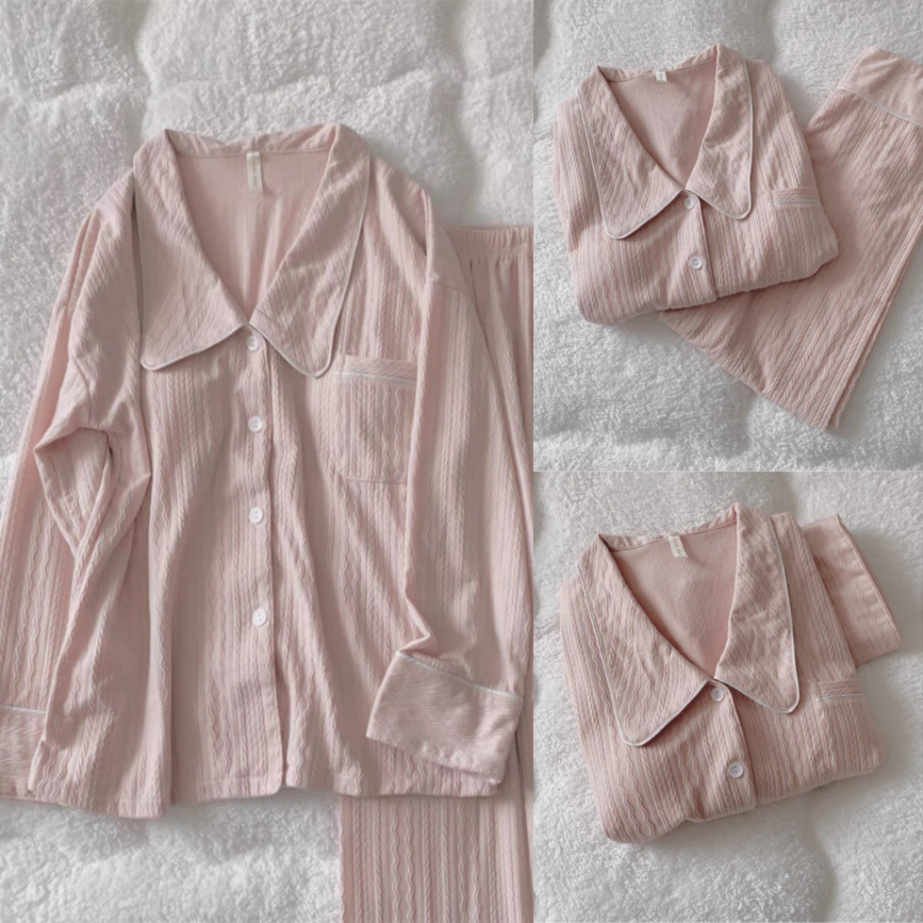 Set Bộ Pijama Hồng Cổ Nhọn Dáng Áo Dài Tay kèm Quần Dài
