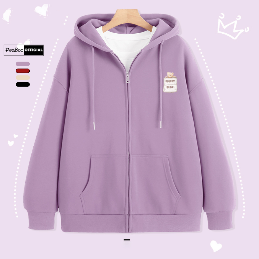 Áo Hoodie Zip, Áo Khoác Hoodie Unisex By PEABOO Mã Fluffy Bear Chất Nỉ Bông Form Rộng Mũ 2 Lớp