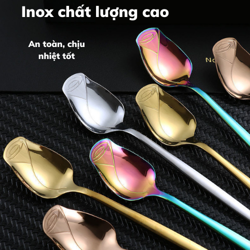 Muỗng Thìa cà phê Inox HOA HỒNG dụng cụ pha cafe trà chanh trà sữa chất liệu inox 304 sáng bóng tinh tế nhiều màu sắc