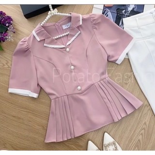 Áo Peplum Cổ V đính cúc ngọc phối viền xếp ly