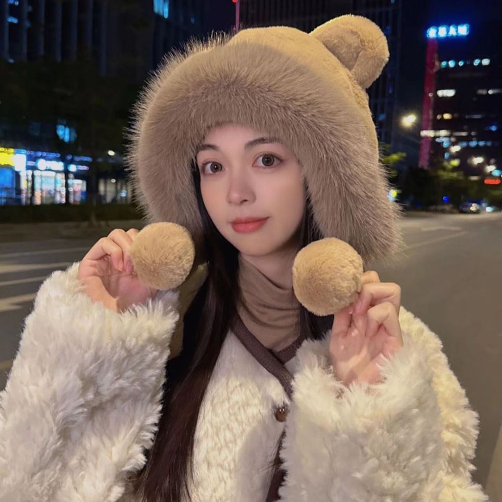 Mũ mùa đông trùm tai nữ nón tai gấu ấm áp lông mịn dây quả dài đẹp nhiều màu - NL35