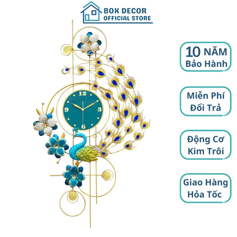 Đồng Hồ Treo Tường Trang Trí Nhà Cửa Con Chim Công Khổng Tước Nghệ Thuật Kim Trôi Cao Cấp Box Decor BD2926