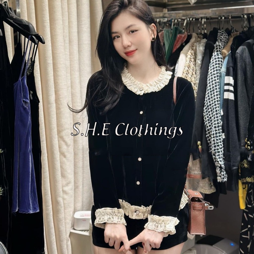 Set Bộ Đồ Nhung Nữ Áo Tiểu Thư Phối Cổ Bèo Cúc Dọc Đính Tag Mix Chân Váy Chữ A Freesize S1075